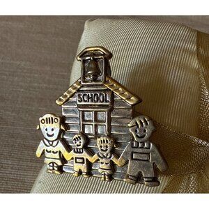Vintage Best Schoolhouse Pin Brooch With Happy Family Design Gold and Silver Ton